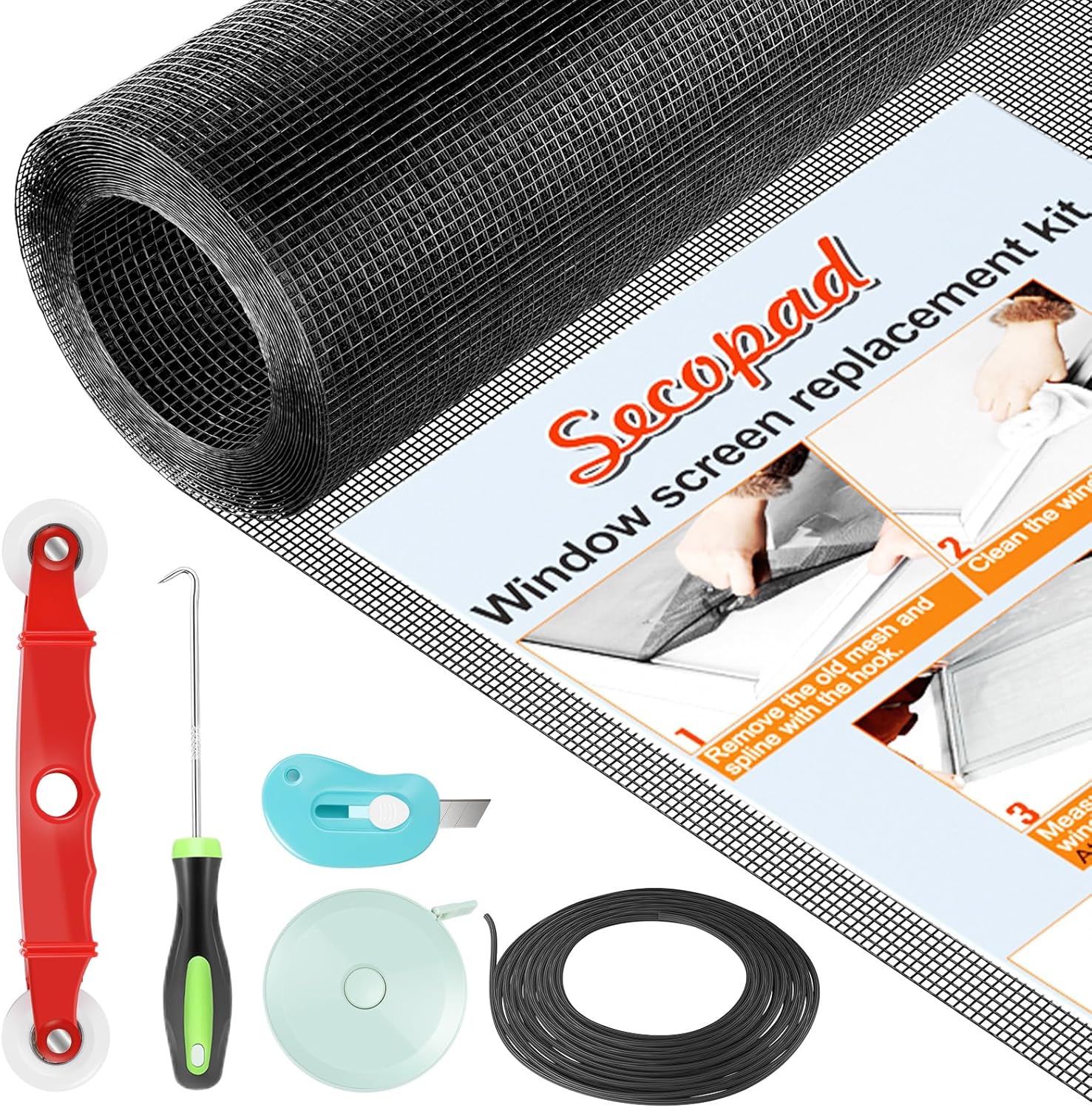 Secopad Window Screen Repair Kit tools and mesh laid out on a work surface