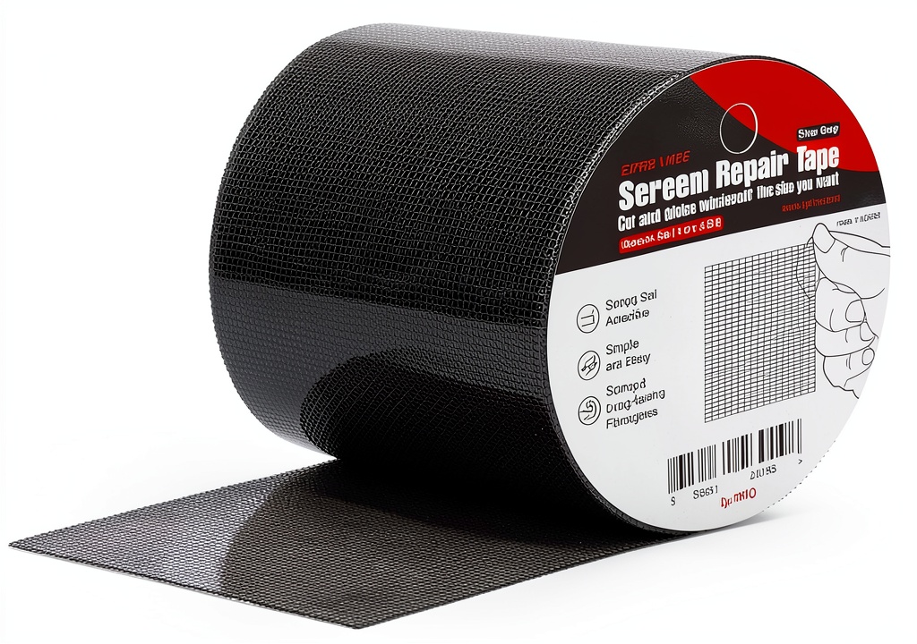 'by.RHO Screen Repair Tape applied to a window screen'